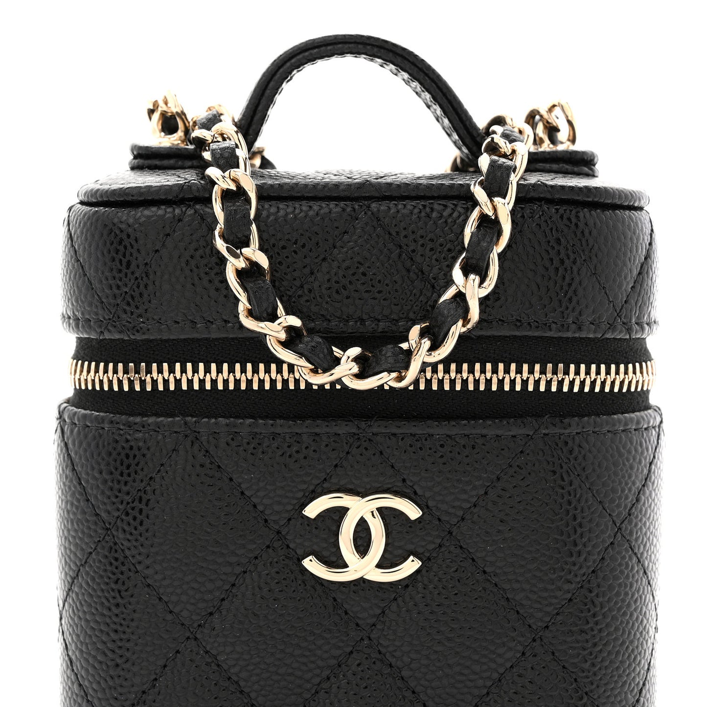 Caviar Quilted Top Handle Mini Vanity Case With Chain Black
