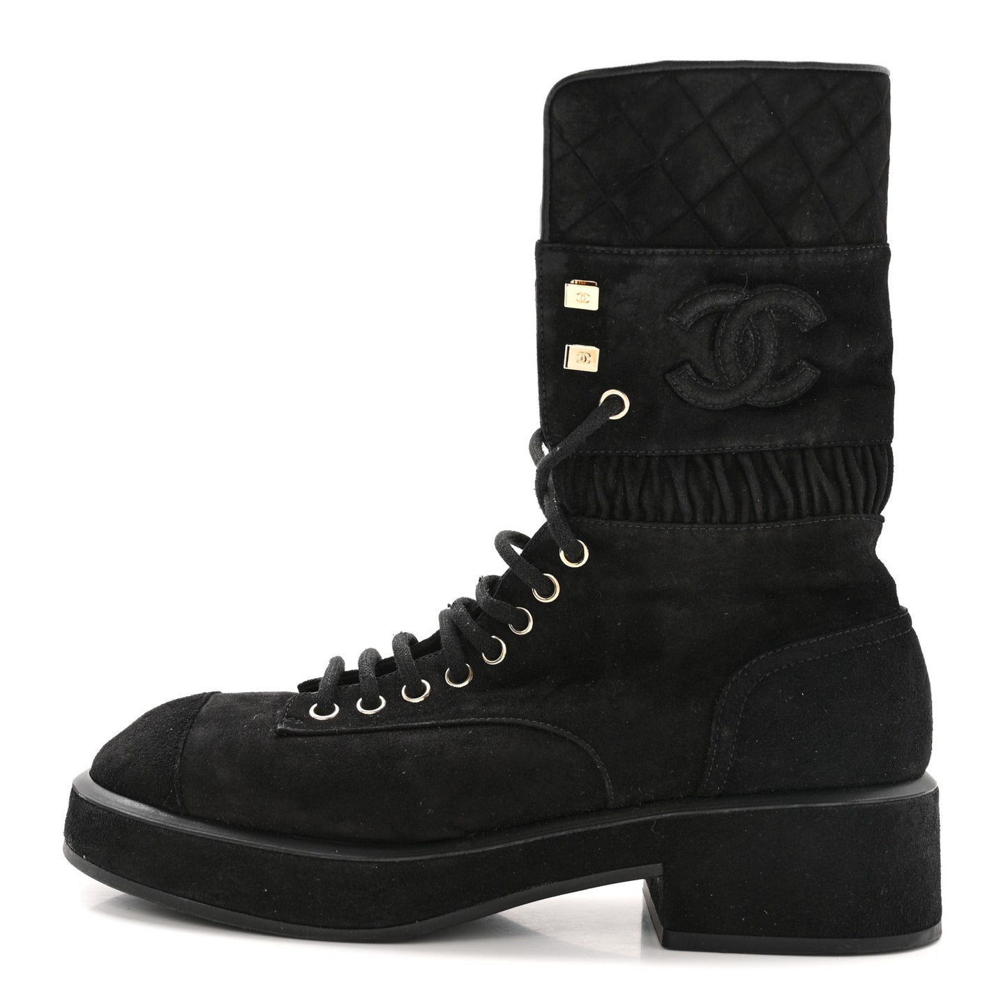 Suede Quilted Lace Up Combat Boots 38.5 Black