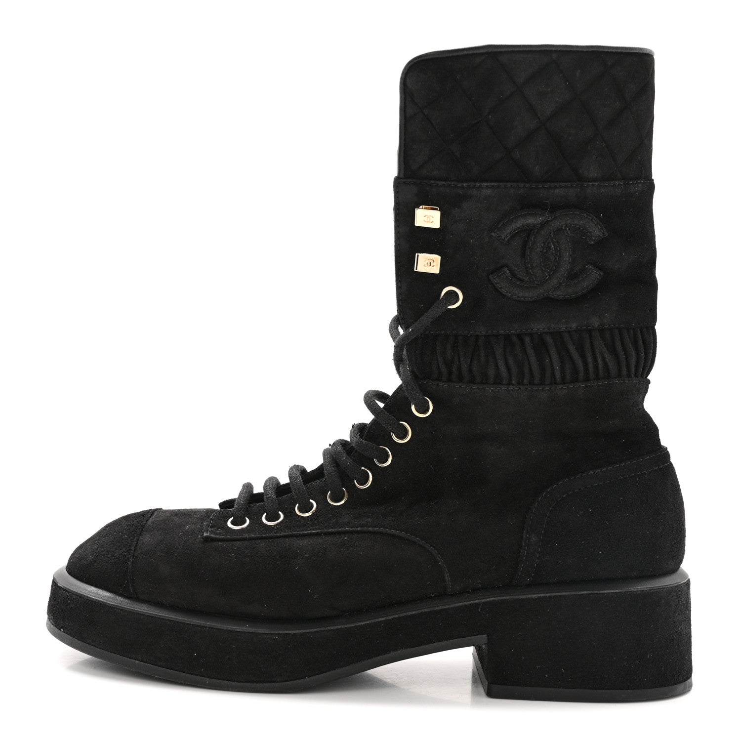 Chanel Suede Quilted Lace Up Combat Boots 38.5 Black 1 of 13