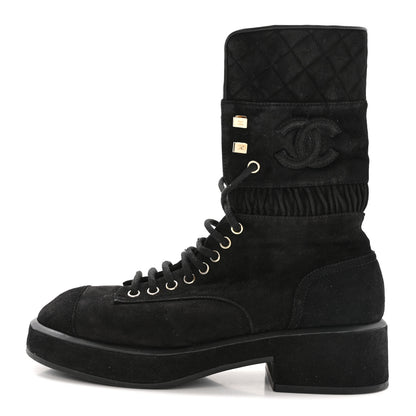 Chanel Suede Quilted Lace Up Combat Boots 38.5 Black 1 of 13