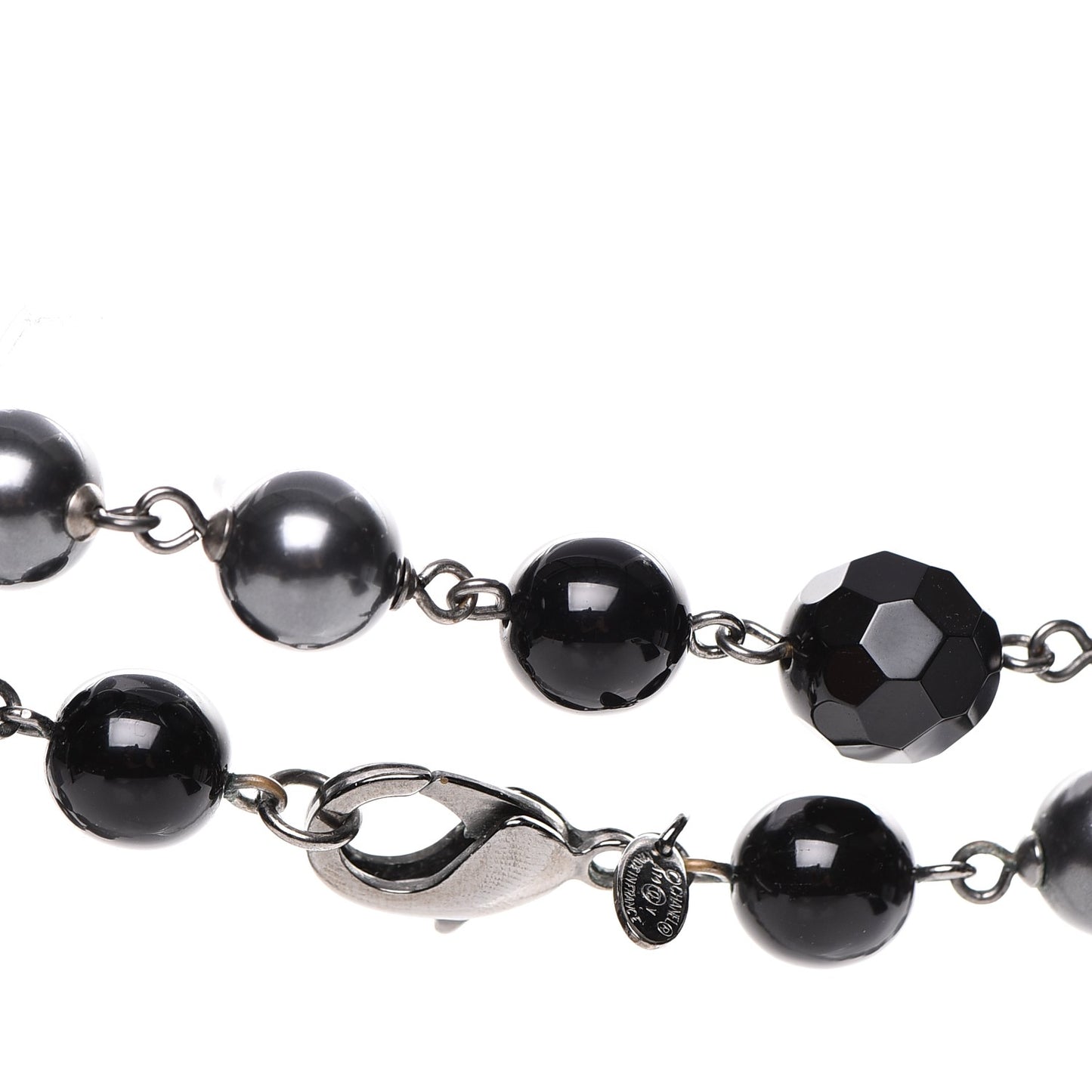Pearl Bead Enamel CC Long Necklace Silver Black Grey