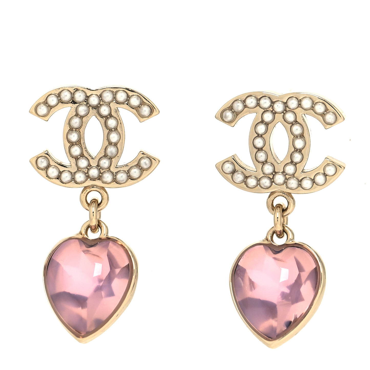 Crystal Heart CC Drop Earrings Pink Gold