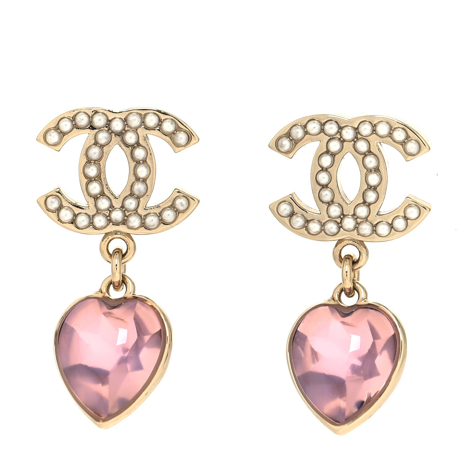 Chanel Crystal Heart CC Drop Earrings Pink Gold 1 of 4