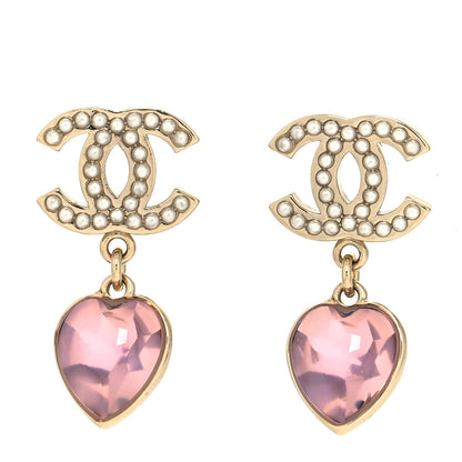 Chanel Crystal Heart CC Drop Earrings Pink Gold 1 of 4
