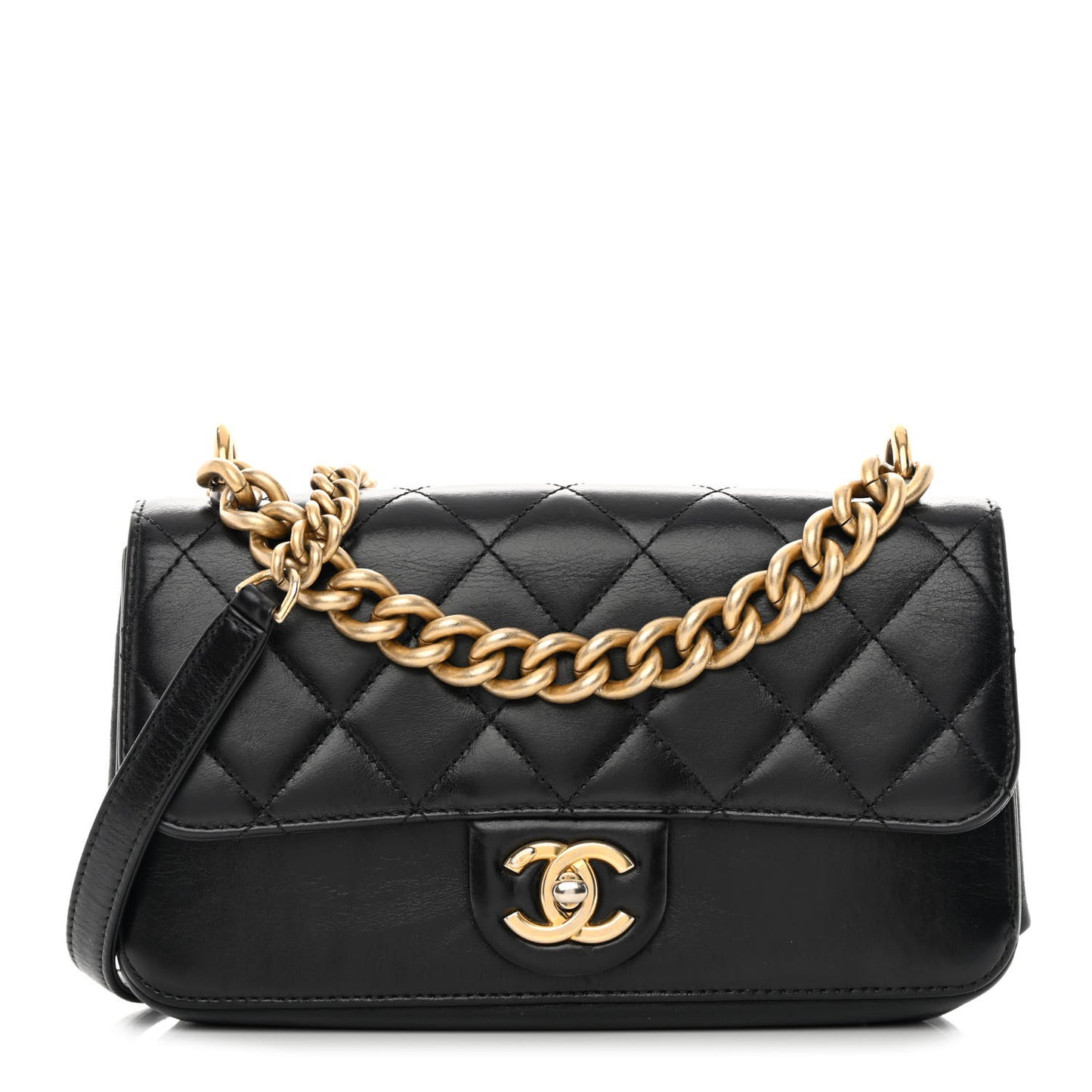 Iridescent Calfskin Quilted Small Straight Lined Flap Black
