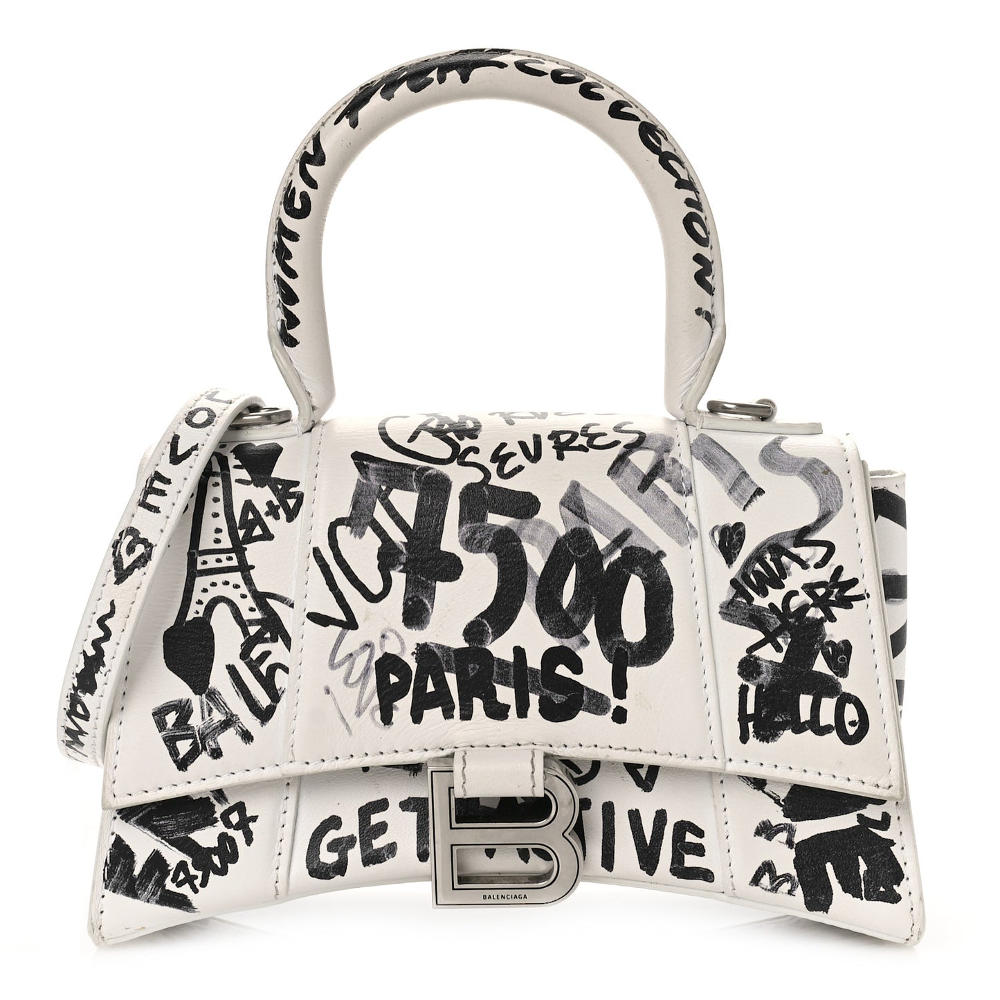 Smooth Calfskin Graffiti Hourglass Top Handle Bag XS White Black