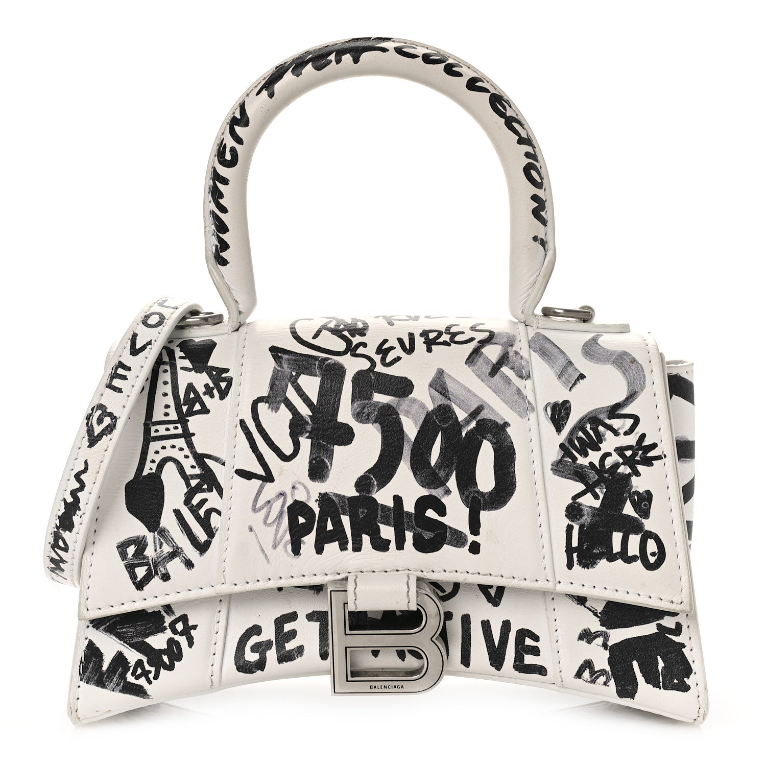 Balenciaga Smooth Calfskin Graffiti Hourglass Top Handle Bag XS White Black 1 of 11
