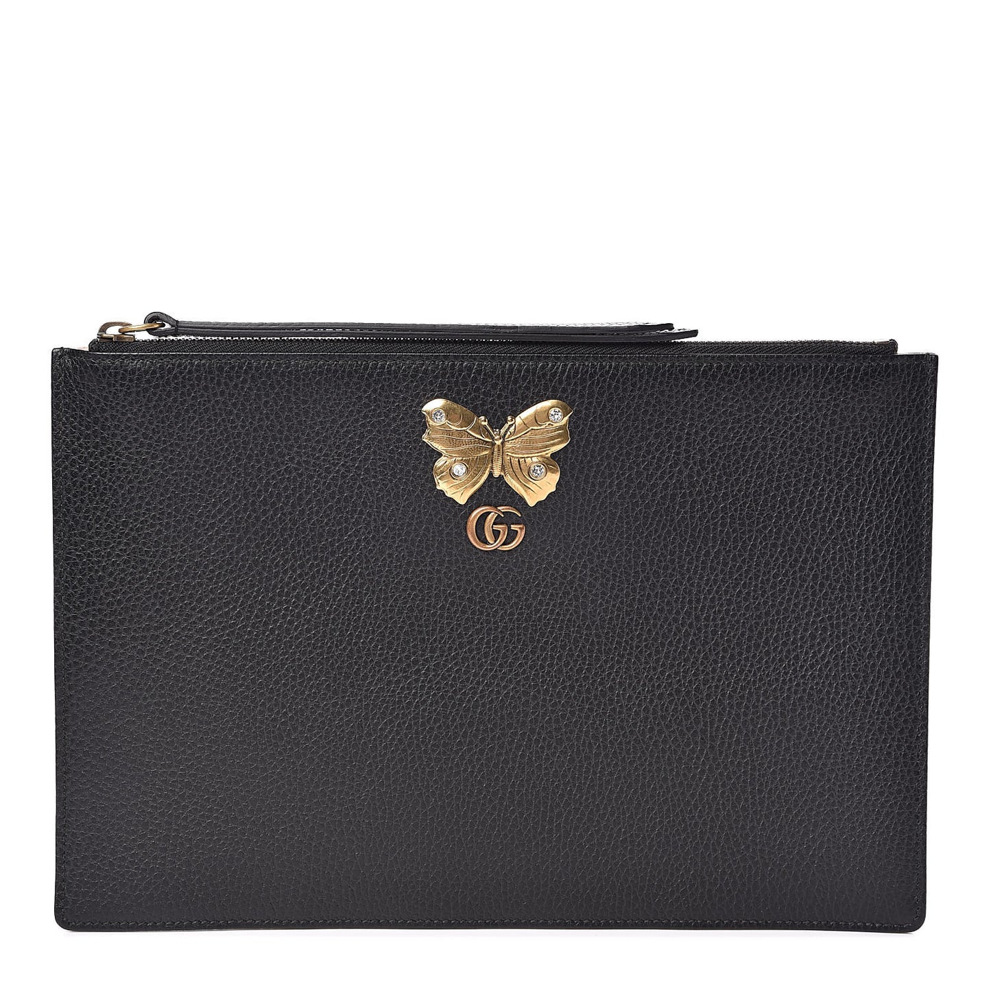 Pebbled Calfskin Butterfly Zip Pouch Black