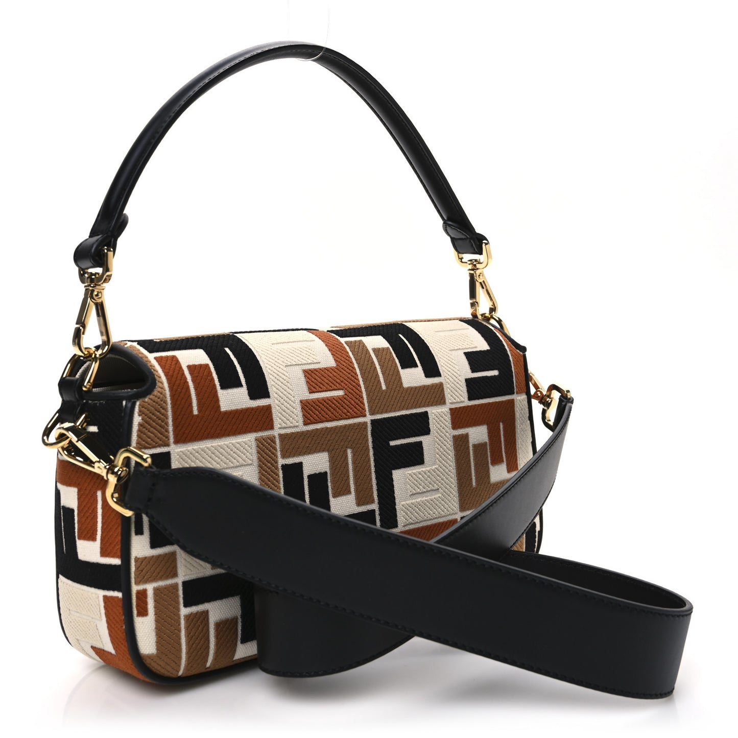 Canvas Vitello Seta FF Multicolor Embroidered Baguette Brandy Black