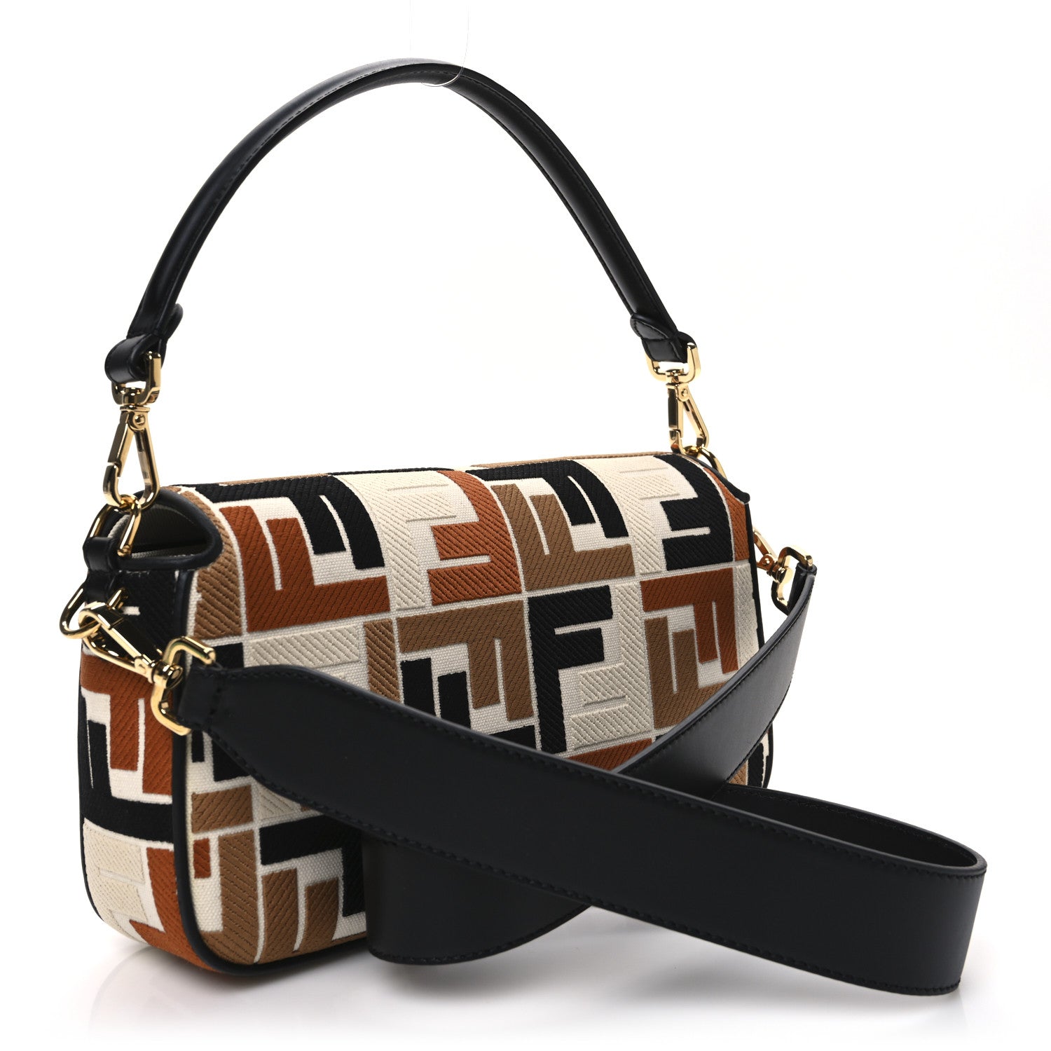 Fendi Canvas Vitello Seta FF Multicolor Embroidered Baguette Brandy Black 3 of 10
