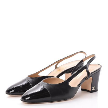 Chanel Lambskin Patent Cap Toe CC Slingback Sandals 38.5 Black 3 of 14