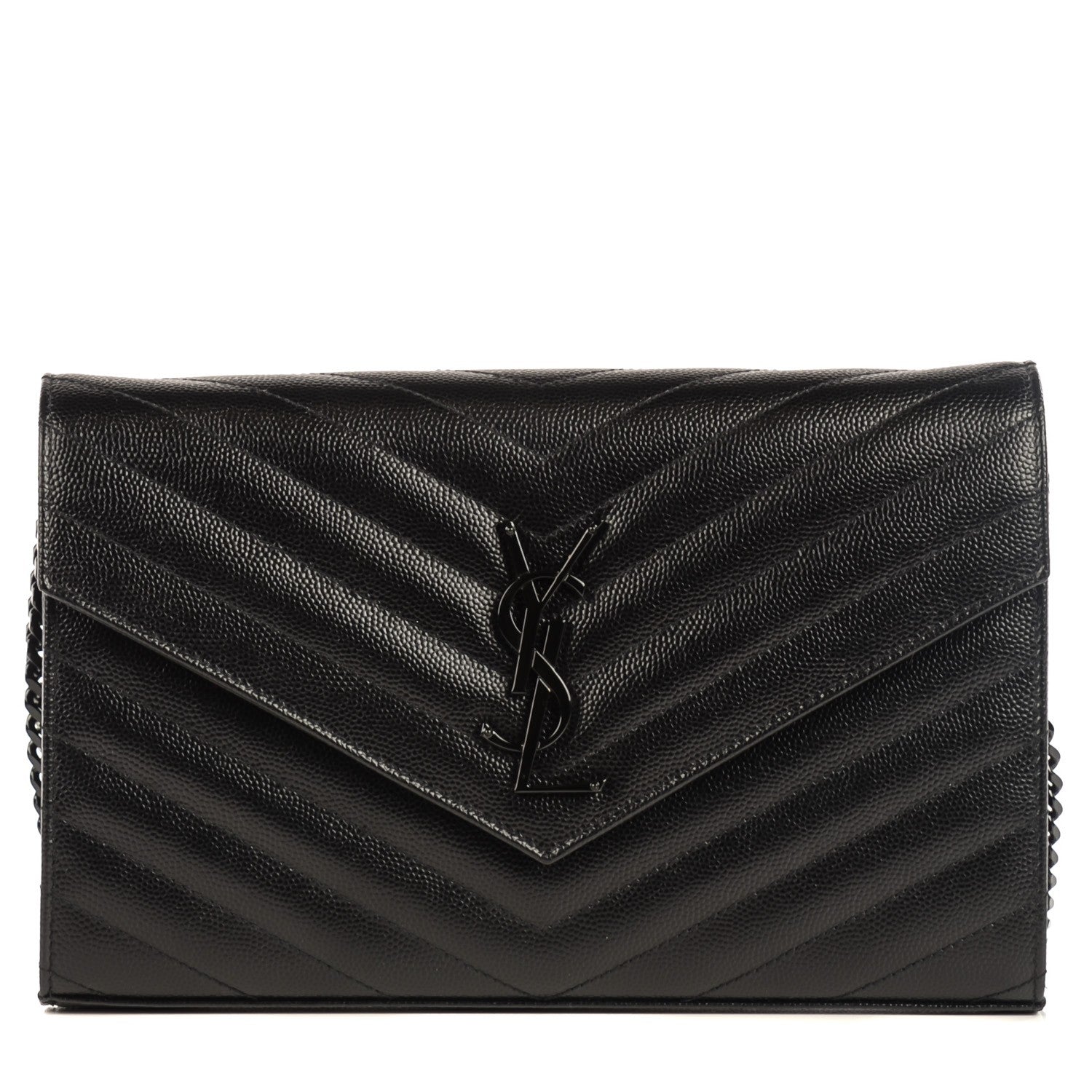 Saint Laurent Grain De Poudre Matelasse Chevron Medium Monogram Chain Wallet Black 1 of 8