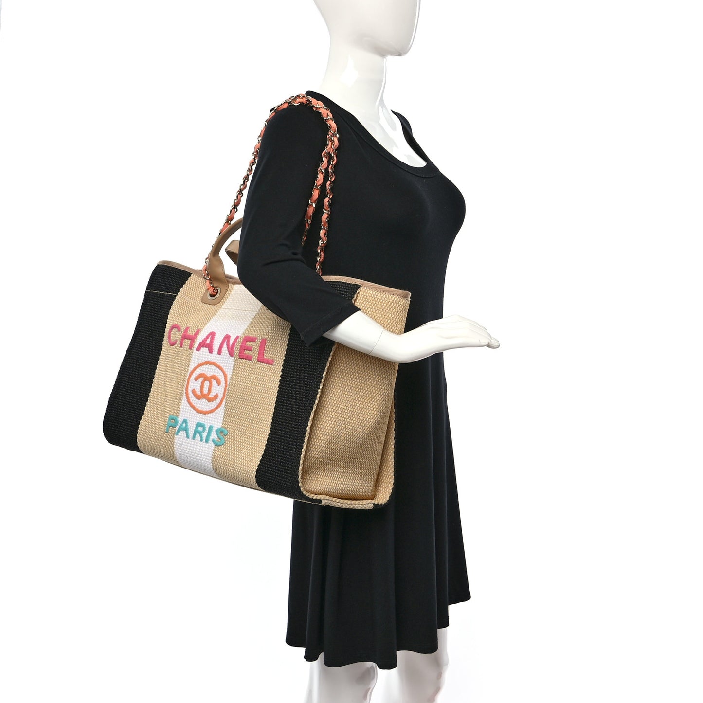 Straw Raffia Calfskin Striped Large Deauville Tote Black Beige Ivory