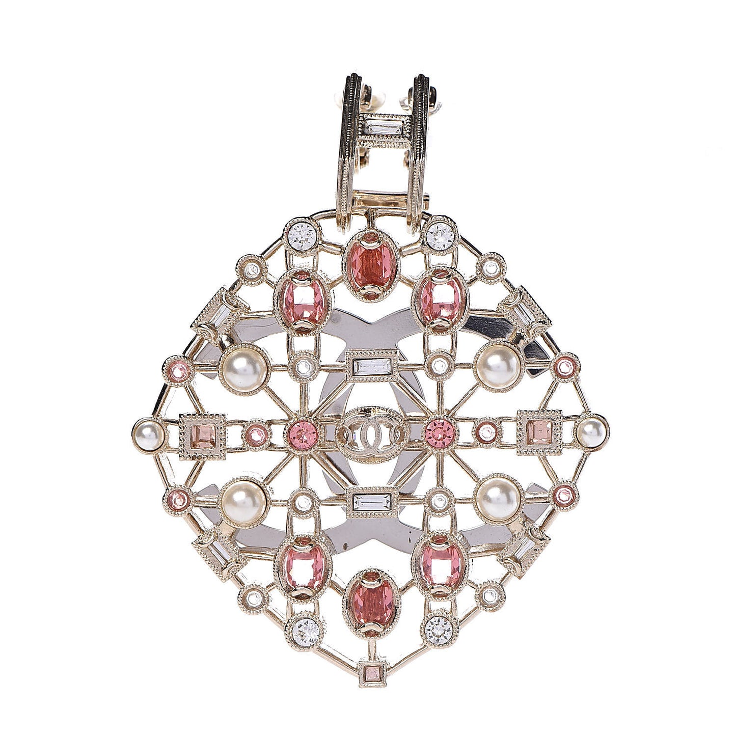 Pearl Baguette Crystal CC Brooch Gold