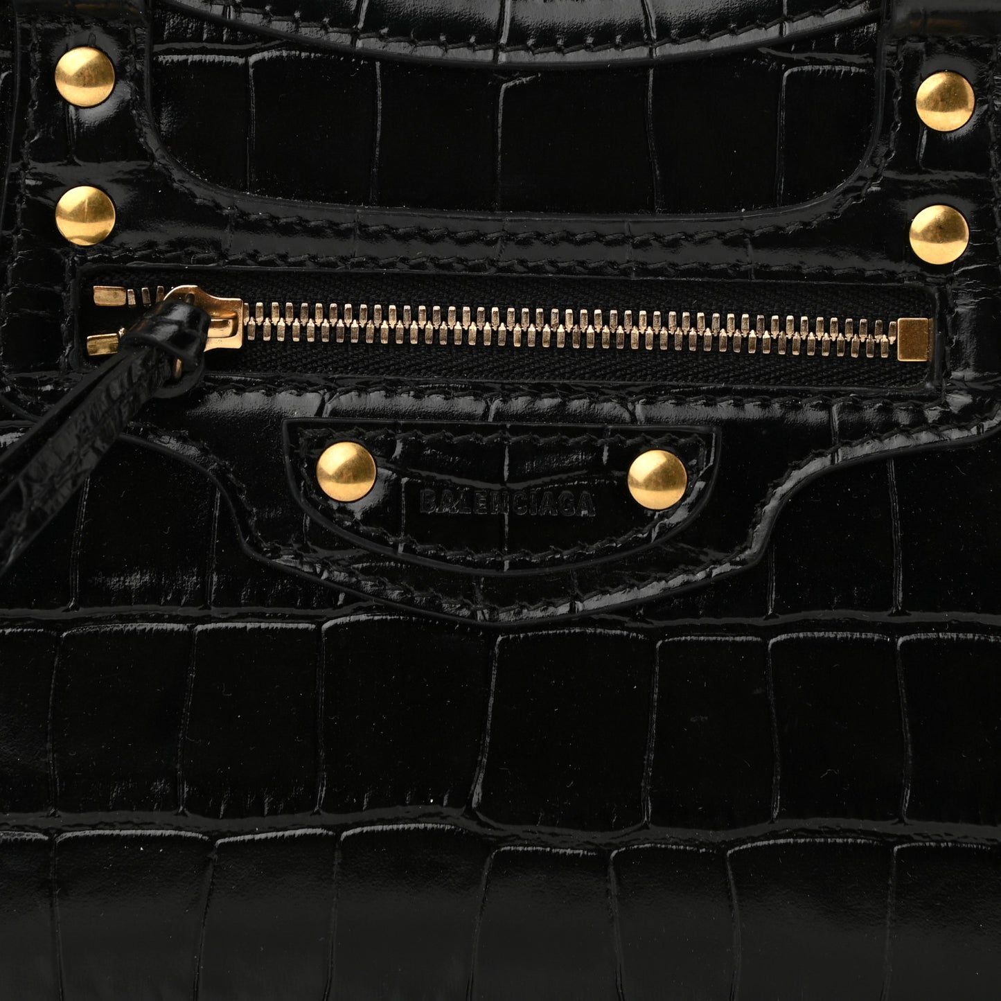 Shiny Supple Calfskin Crocodile Embossed Neo Classic Gold Hardware Mini City Black
