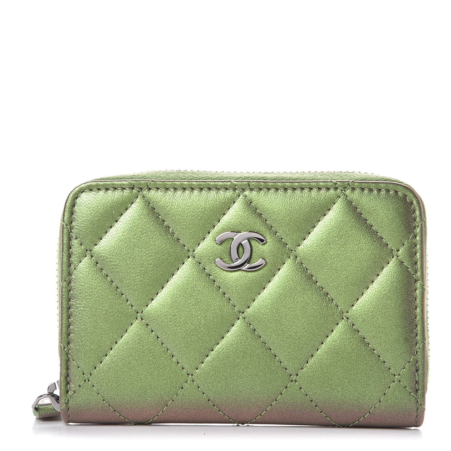 Metallic Lambskin Quilted Zip Around Coin Purse Wallet Green