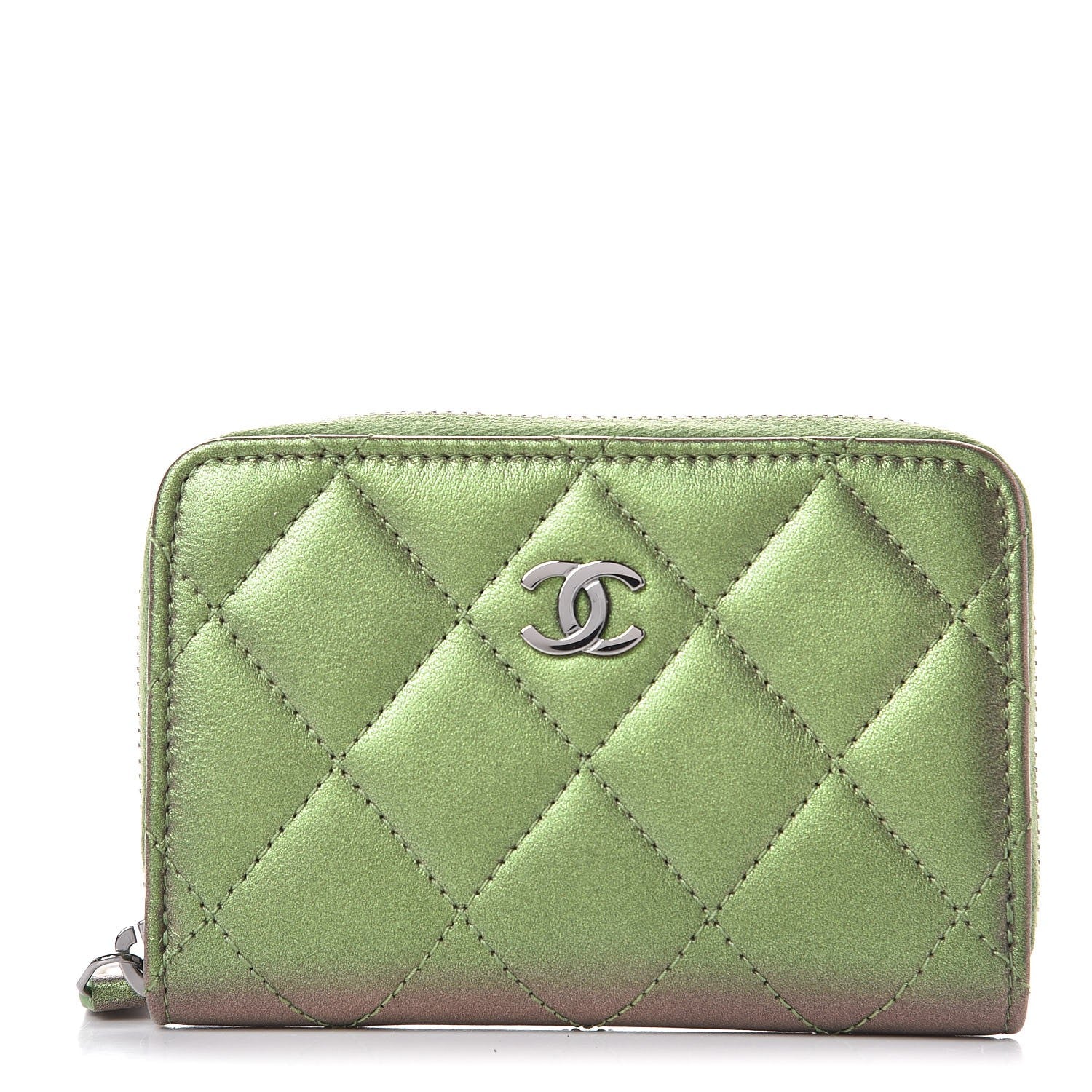 Chanel Metallic Lambskin Quilted Zip Around Coin Purse Wallet Green 1 of 8
