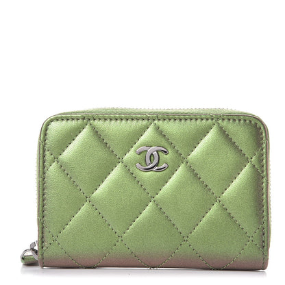 Chanel Metallic Lambskin Quilted Zip Around Coin Purse Wallet Green 1 of 8
