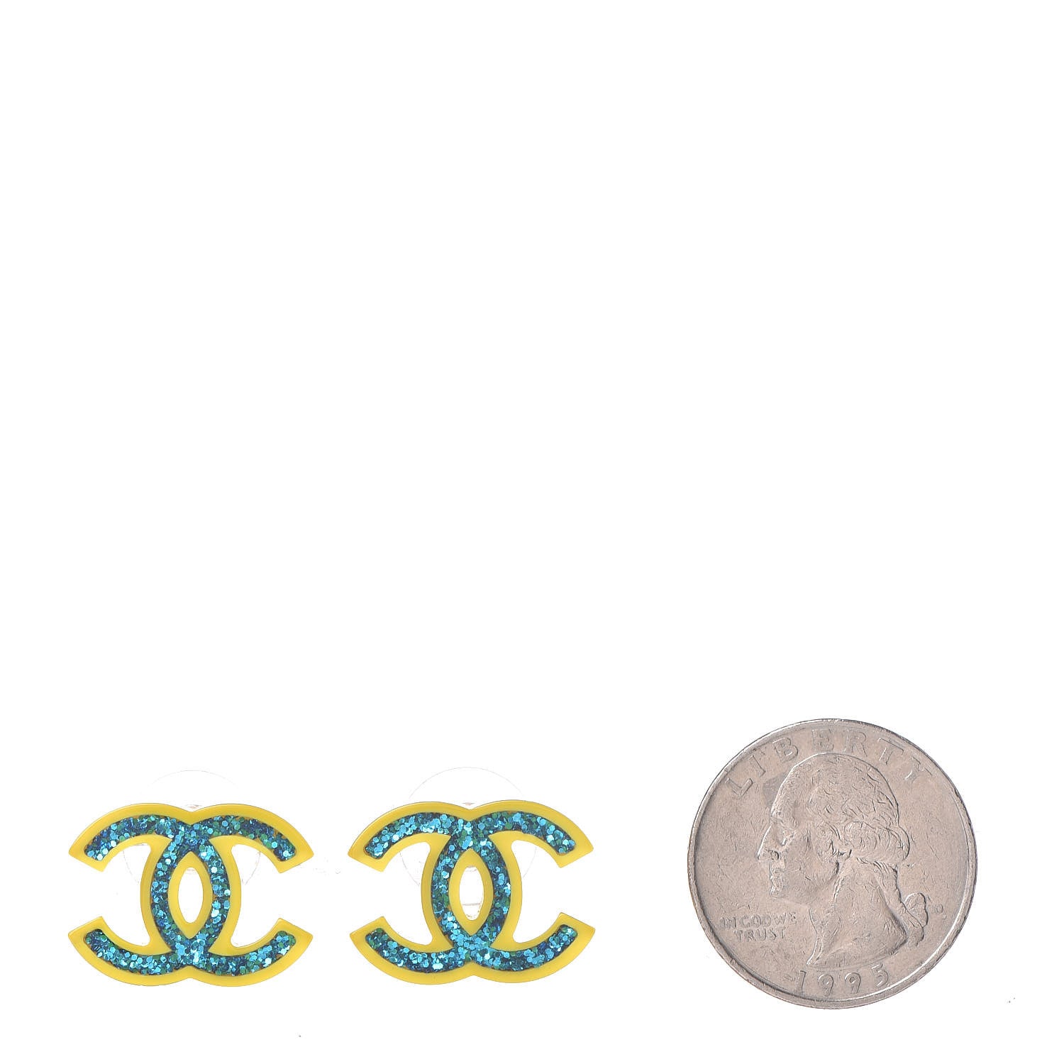 Chanel Glitter Resin CC Earrings Yellow Blue 2 of 5
