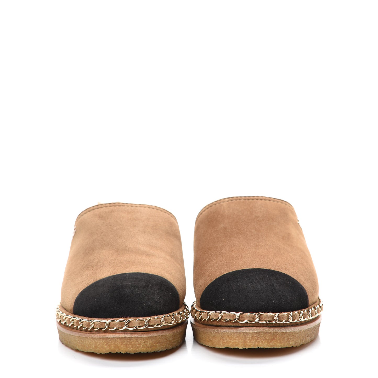 Kid Suede Shearling CC Chain Mules 37.5 Light Brown Black