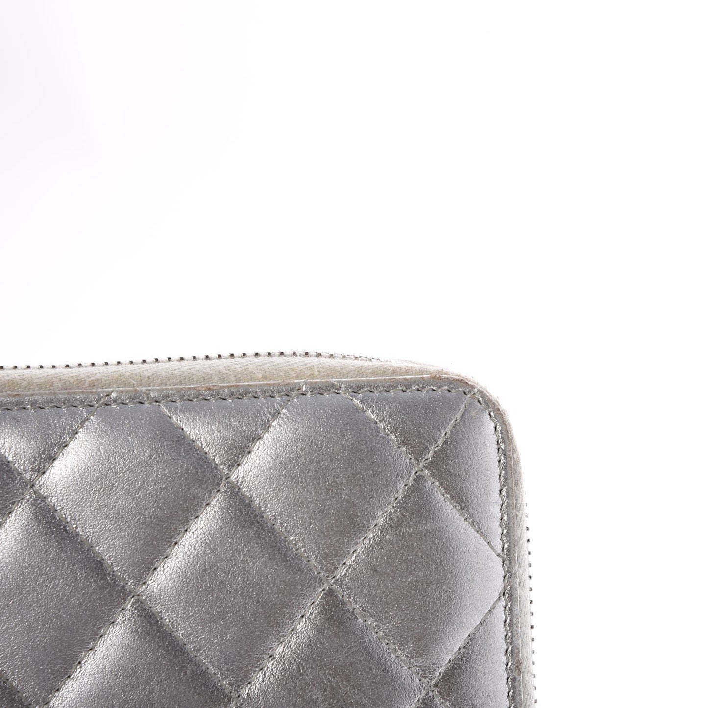 Metallic Lambskin Quilted Large Gusset Zip Around Wallet Silver