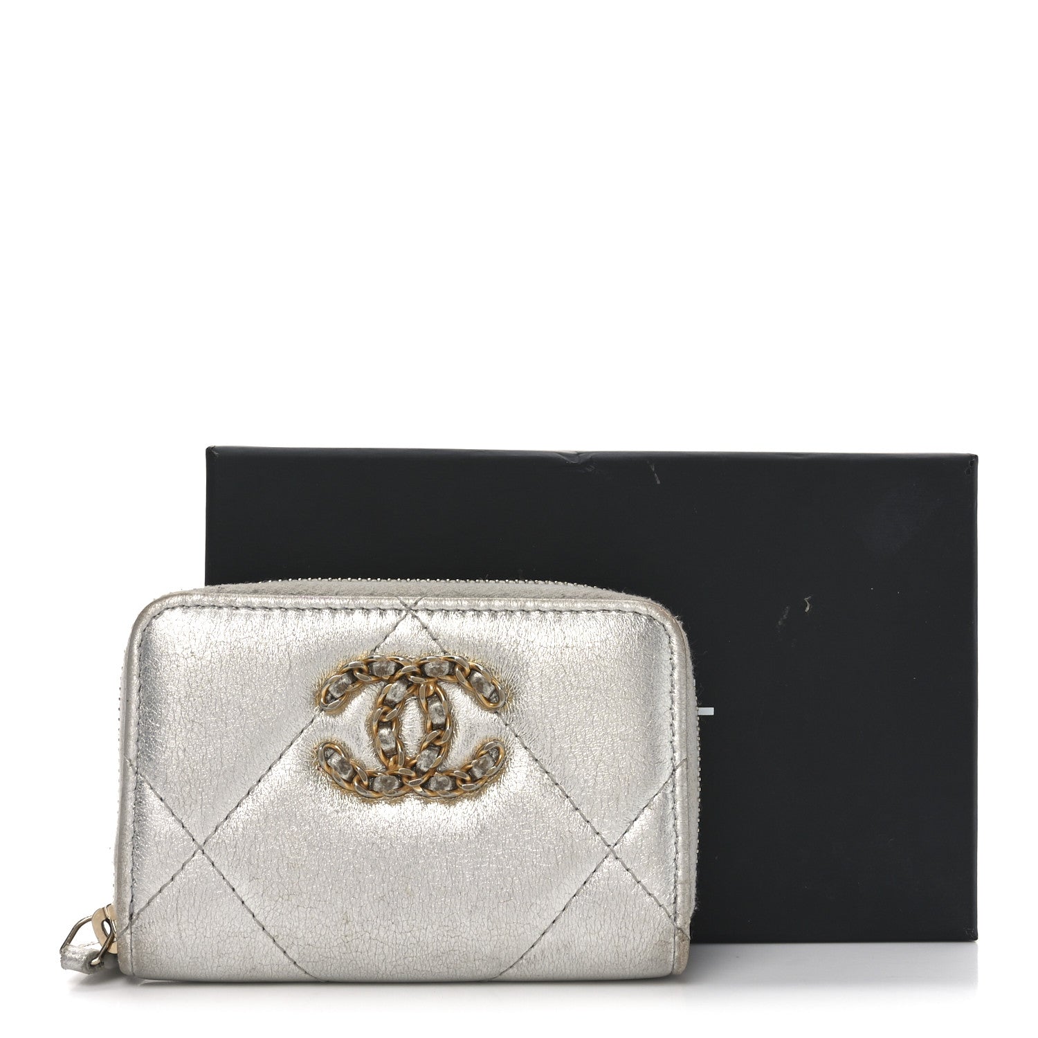 Chanel Metallic Lambskin Quilted Chanel 19 Zip Around Coin Purse Wallet Silver 10 of 10