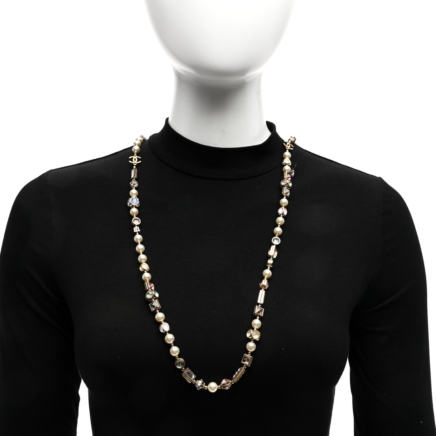 Chanel Pearl Crystal Chicklet Sautoir CC Long Necklace Gold Multicolor 2 of 4