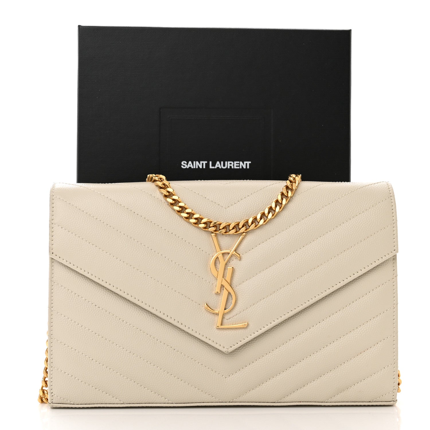 Saint Laurent Grain De Poudre Matelasse Chevron Monogram Chain Wallet Crema Soft 12 of 12