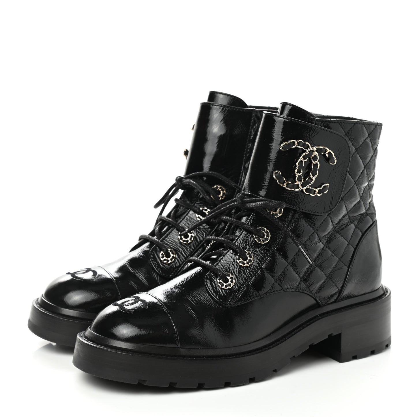 Shiny Lambskin Quilted Lace Up Combat Boots 39 Black