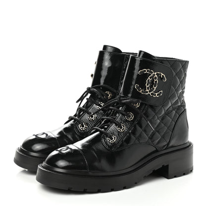 Chanel Shiny Lambskin Quilted Lace Up Combat Boots 39 Black 3 of 8