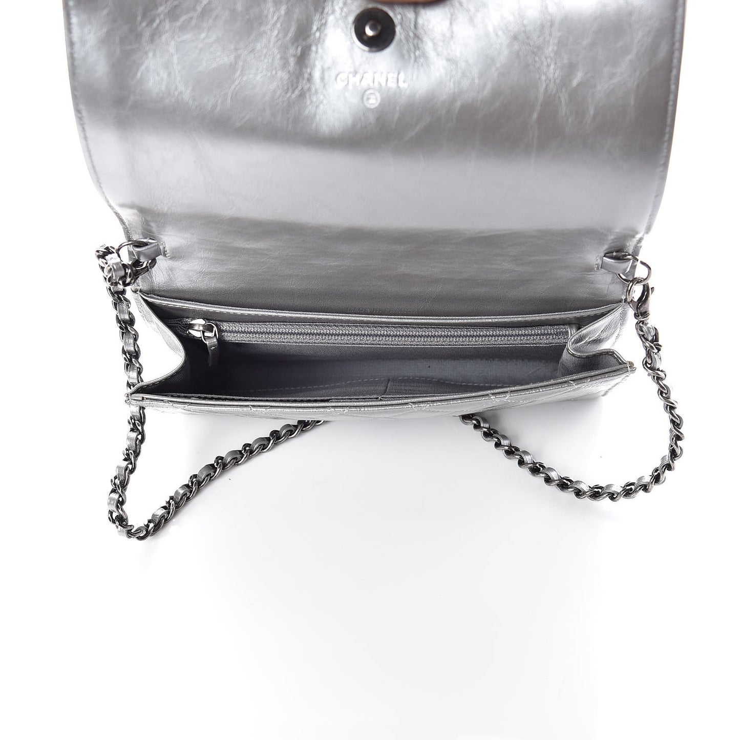 Metallic Calfskin Quilted Chain Around Boy Wallet On Removable Chain WOC Silver