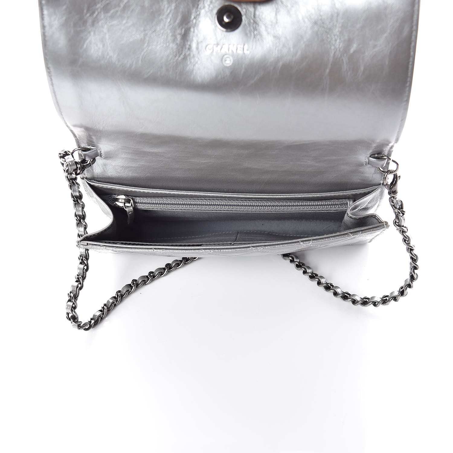 Chanel Metallic Calfskin Quilted Chain Around Boy Wallet On Removable Chain WOC Silver 8 of 11