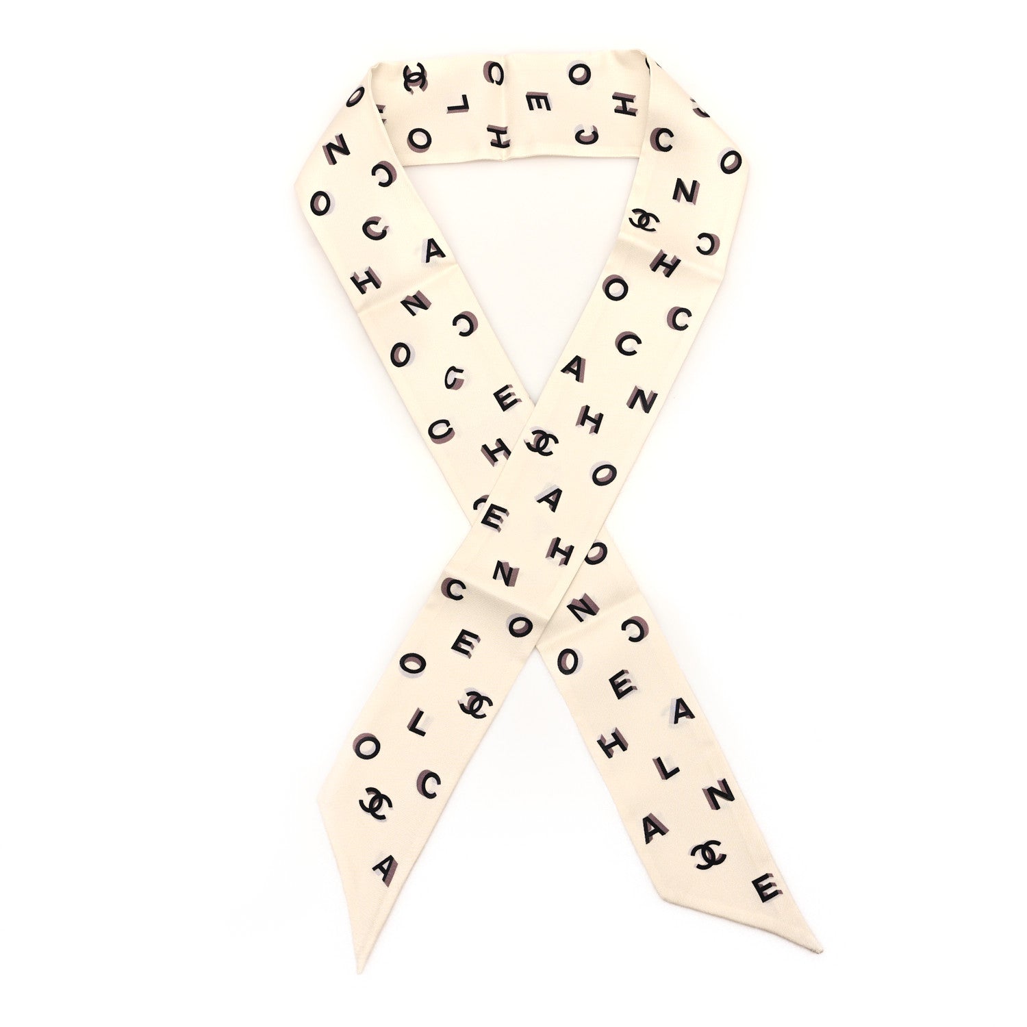 Chanel Silk Logo CC Slim Bandeau Scarf Black Ecru 1 of 3