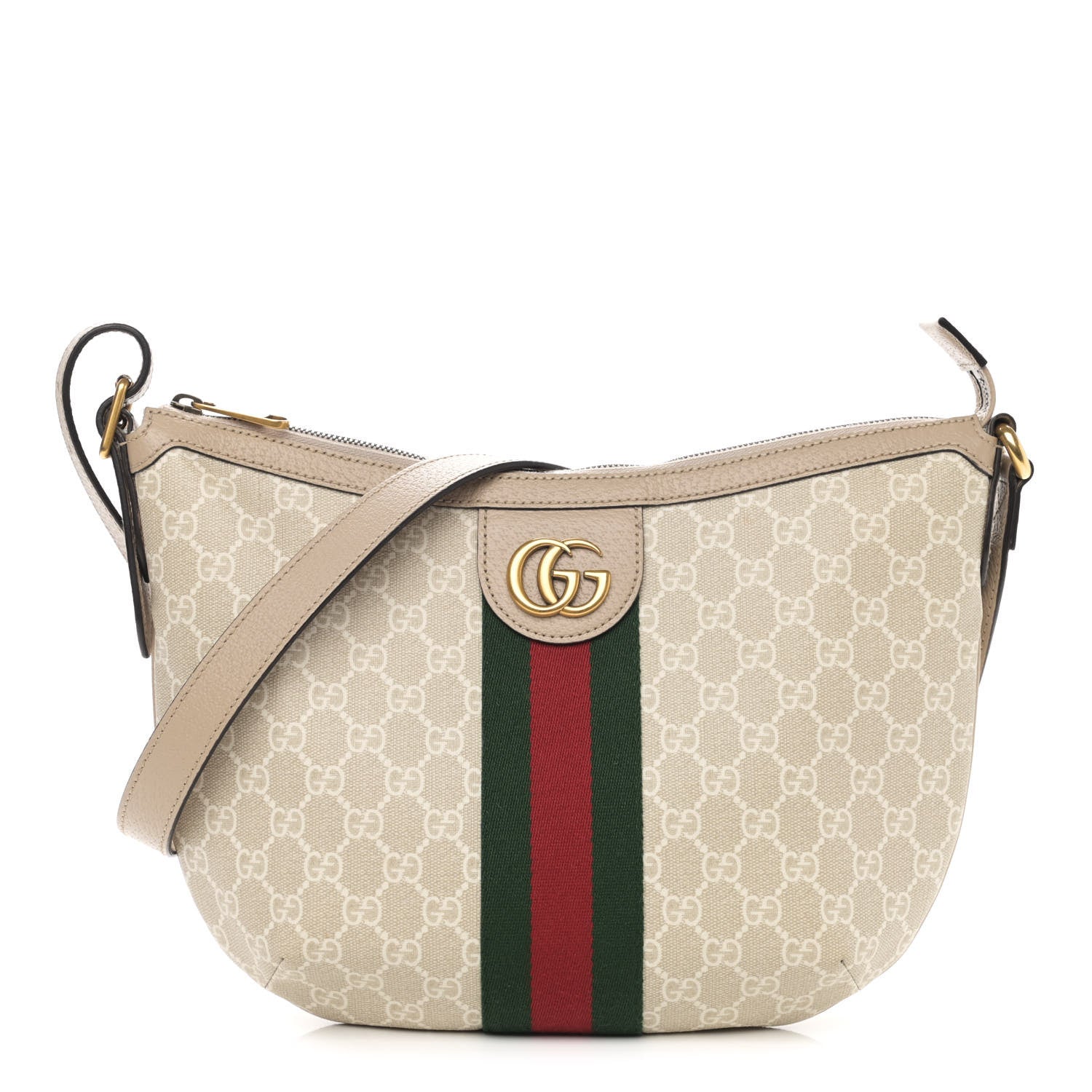 Gucci GG Supreme Monogram Textured Dollar Calfskin Web Small Ophidia Half Moon Hobo Beige Mystic White Oatmeal 1 of 11