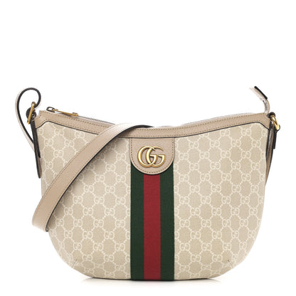 Gucci GG Supreme Monogram Textured Dollar Calfskin Web Small Ophidia Half Moon Hobo Beige Mystic White Oatmeal 1 of 11