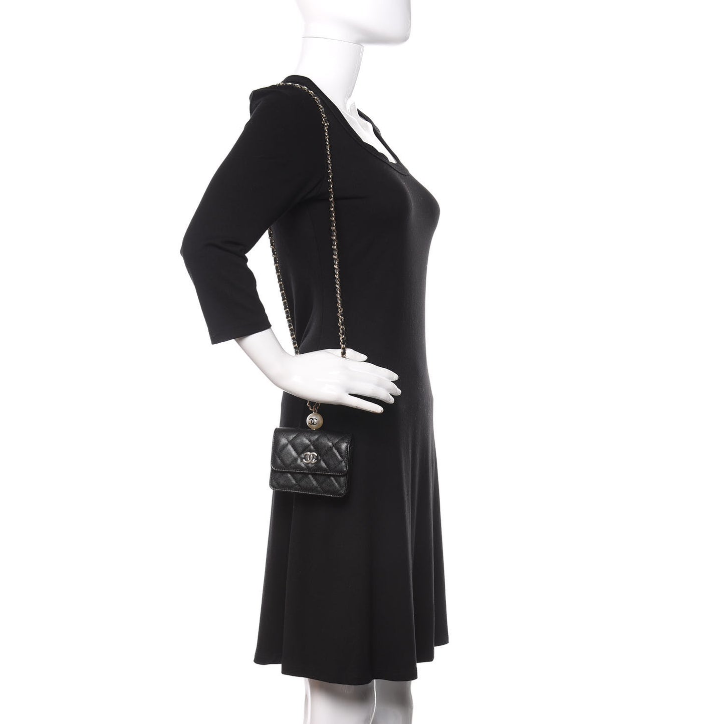 Caviar Quilted Mini Pearl On Top Coin Purse With Chain Black