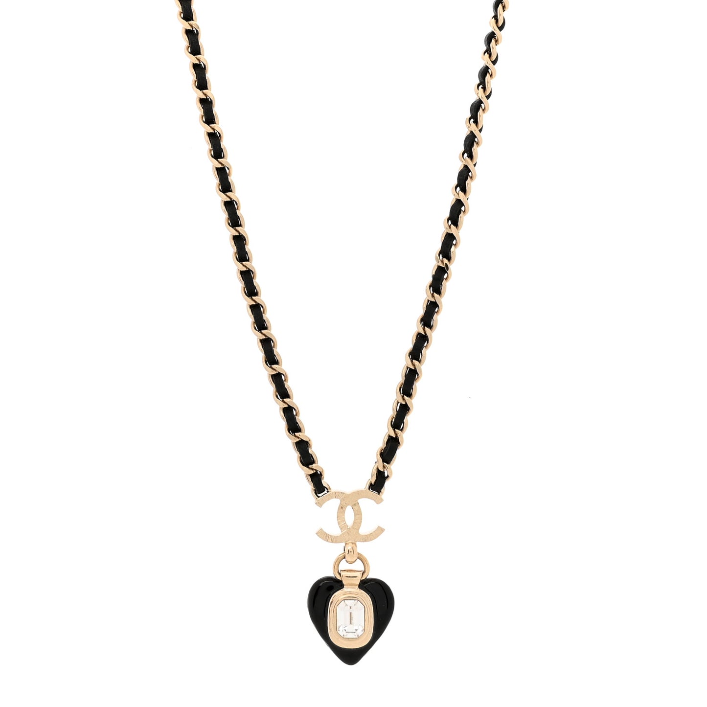 Lambskin Crystal Pearl CC Heart Drop Necklace Gold Black