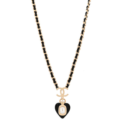 Chanel Lambskin Crystal Pearl CC Heart Drop Necklace Gold Black 1 of 5