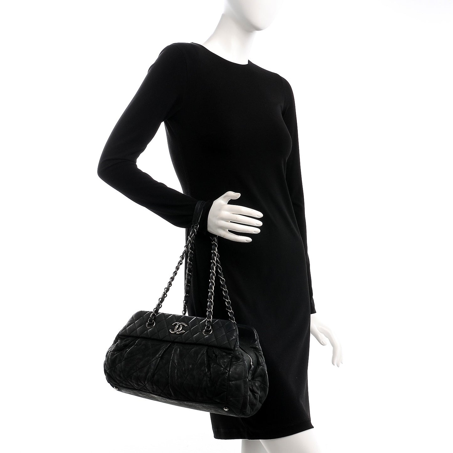 Iridescent Calfskin Chic Quilt Bowling Bag Black
