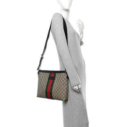 Gucci GG Supreme Monogram Calfskin Web Medium Flat Messenger Bag Beige Ebony Black 2 of 10