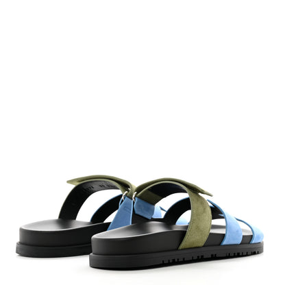 Hermes Suede Goatskin Womens Chypre Sandals 38 Bleu Cameo Vert 4 of 9