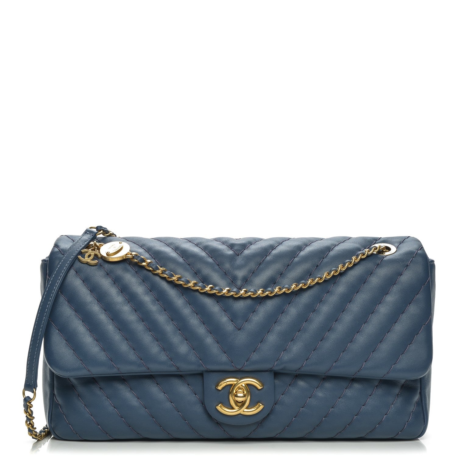 Chanel Calfskin Surpique Chevron Large Flap Blue 1 of 7