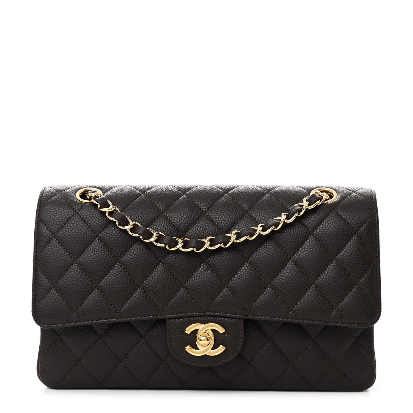Caviar Quilted Medium Double Flap Brown