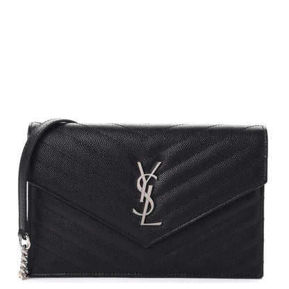 Saint Laurent Grain De Poudre Matelasse Chevron Monogram Envelope Chain Wallet Black 1 of 9