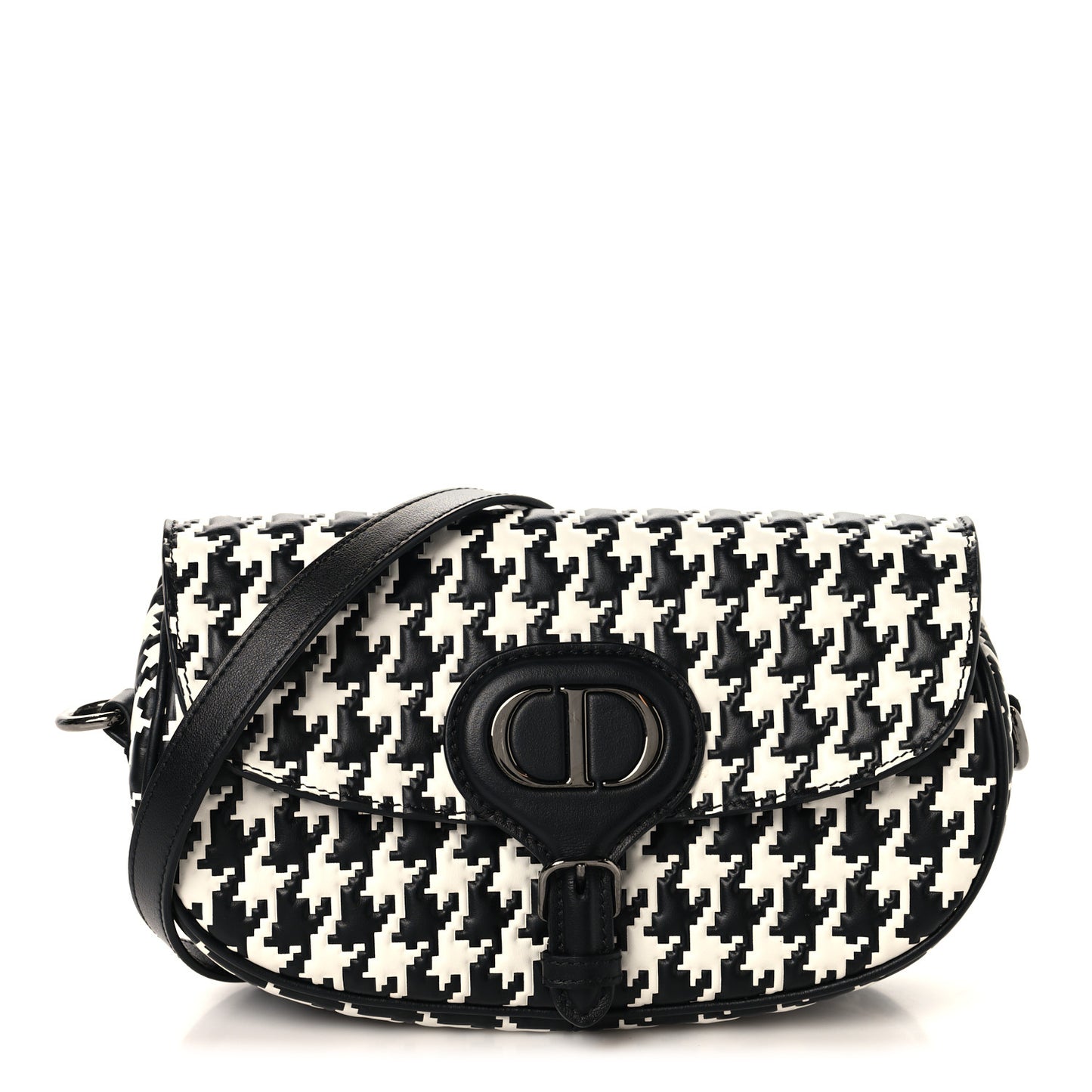 Box Calfskin Houndstooth Quilted East West Bobby Bag Black White