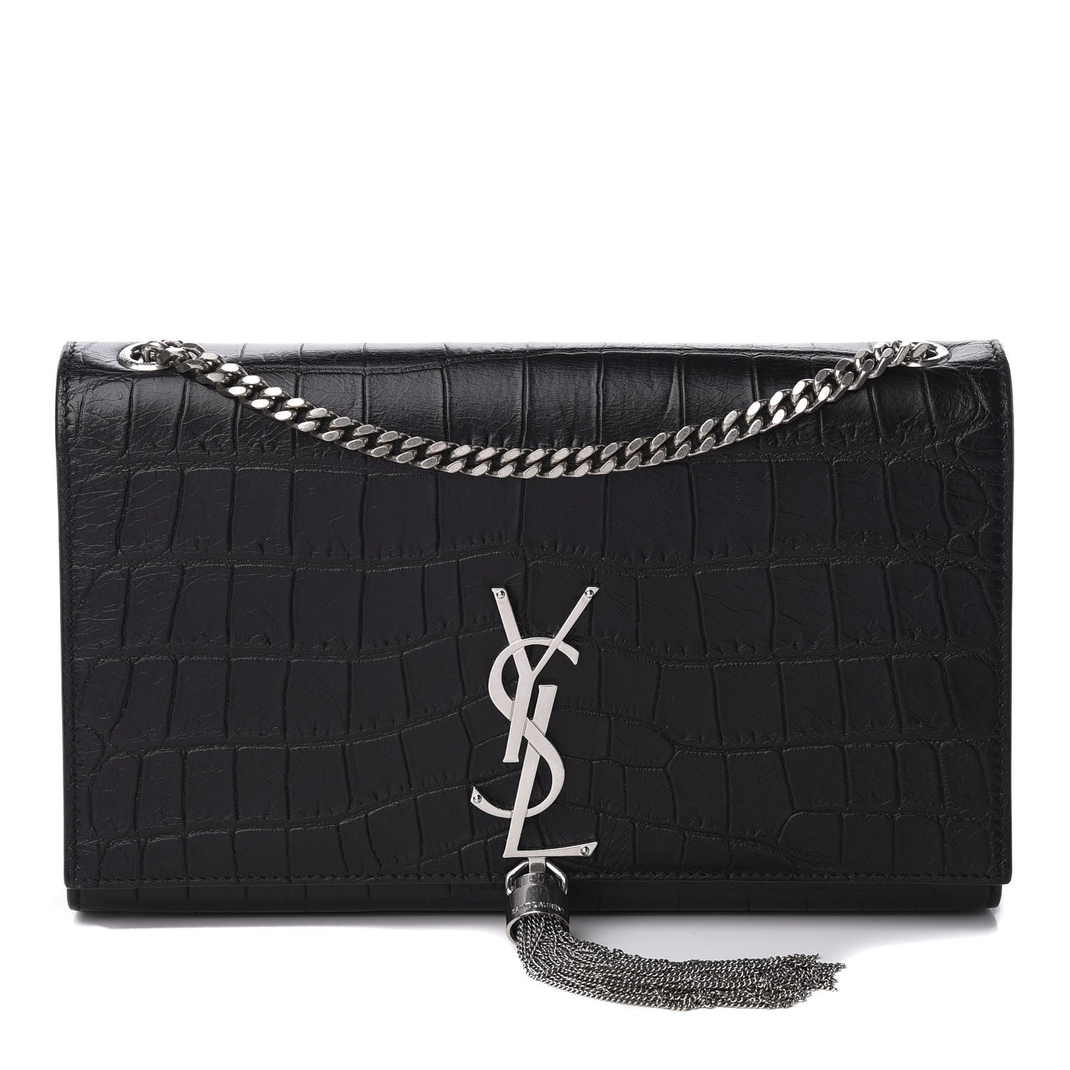 Saint Laurent Calfskin Crocodile Embossed Medium Classic Monogram Kate Tassel Satchel Black 1 of 8
