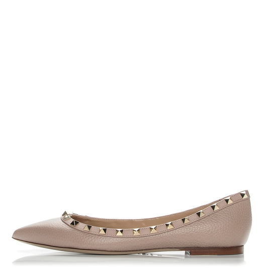Pebbled Calfskin Rockstud Ballerina Flats 37.5 Poudre