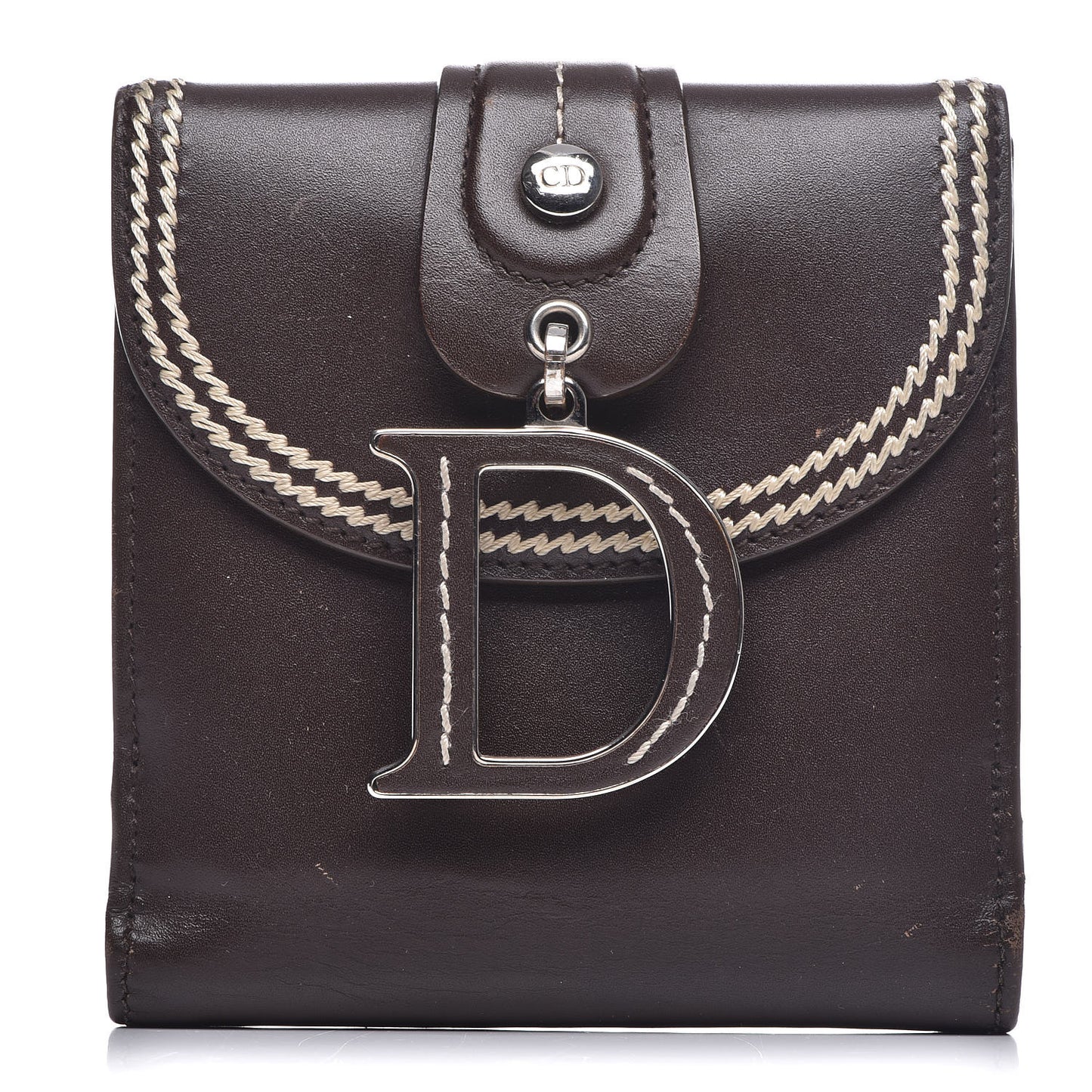 Calfskin Detective Compact Wallet Marron Fonce