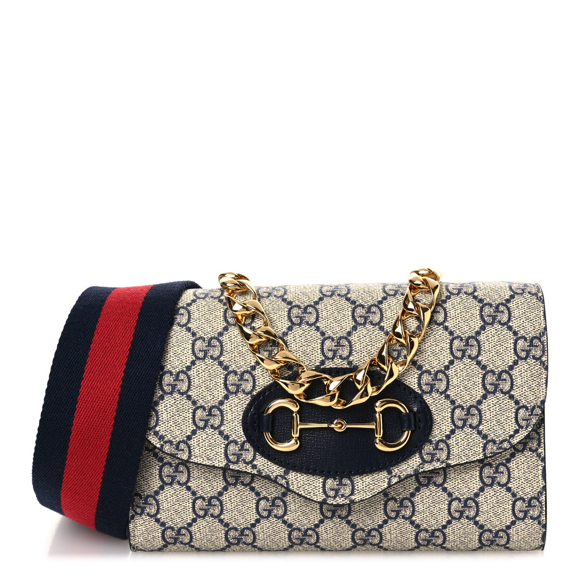 Gucci GG Supreme Monogram Azalea Calfskin Web Mini Horsebit 1955 Chain Shoulder Bag Beige Blue 1 of 11