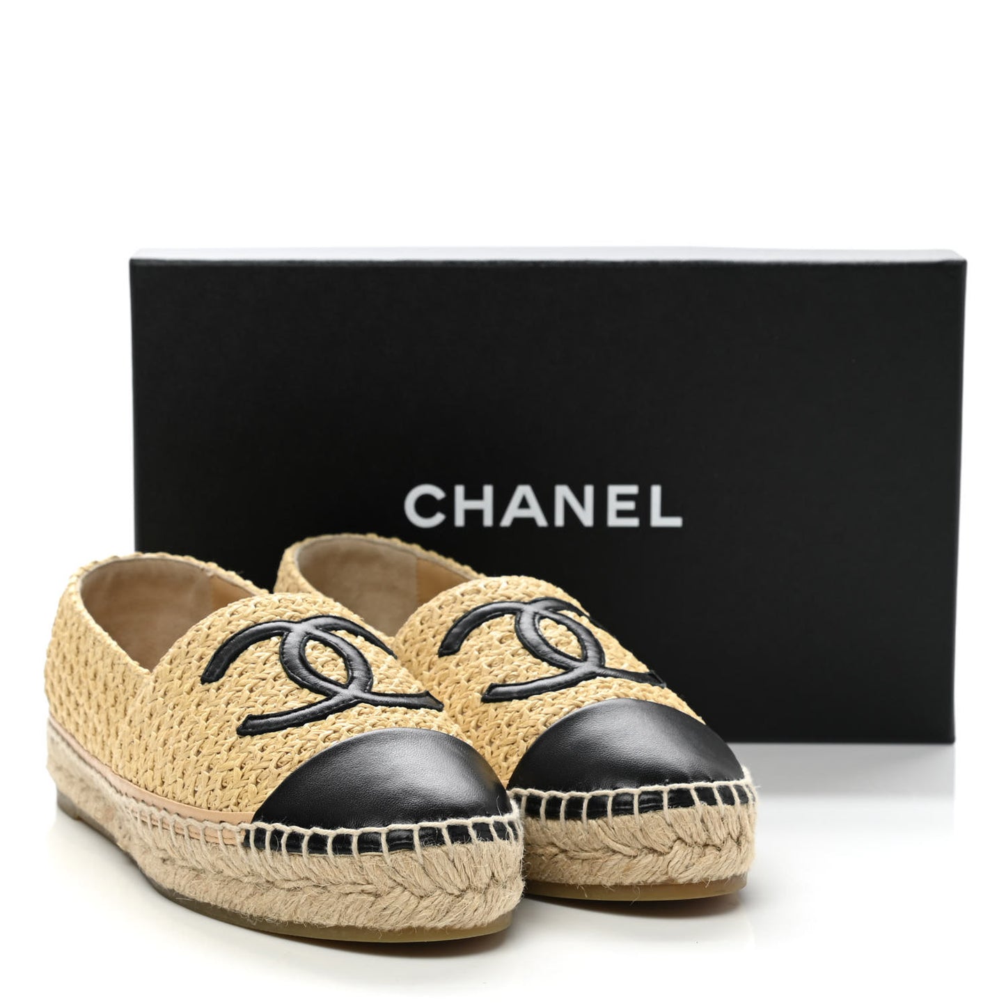 Braided Fabric Lambskin CC Espadrilles 38 Beige Black